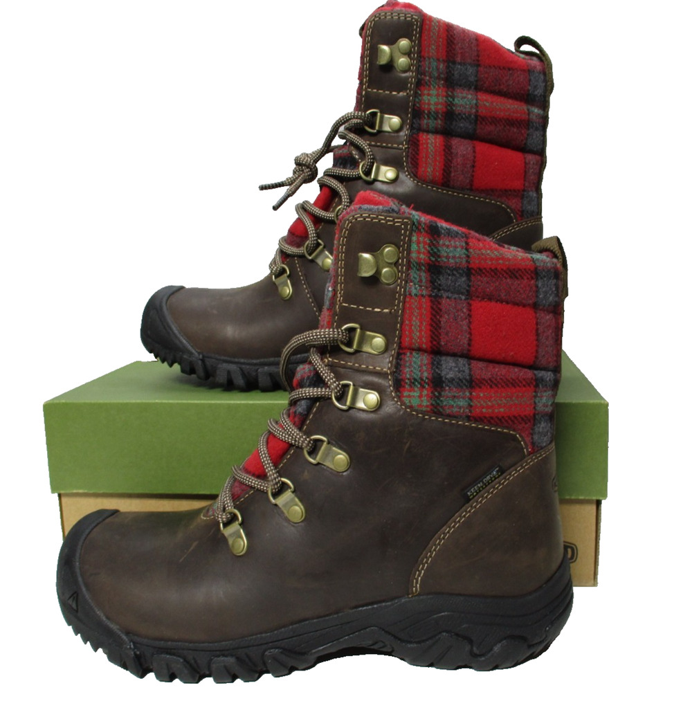 KEEN Greta Waterproof Boots Brown Leather Plaid Insulated Womens Sz 7